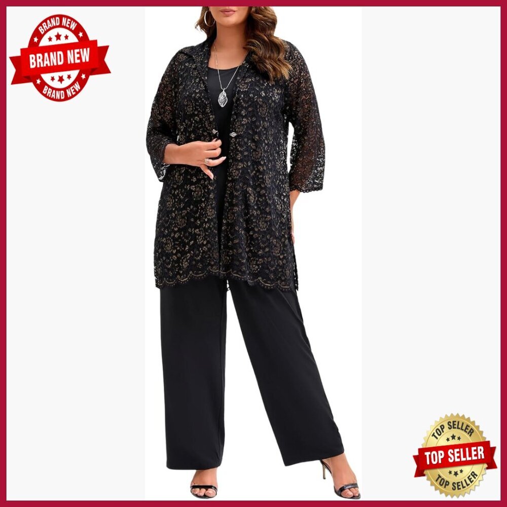Plus Size 3 Piece Lace Pant Suit Set Formal Wedding Guest Attire